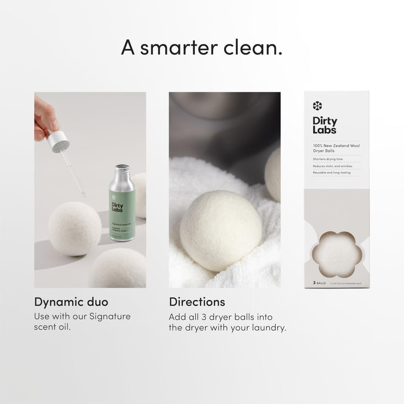 Dirty Labs | 100% New Zealand Wool Dryer Balls | 3 Balls | Shorten Drying Time | Reduce Static & Wrinkles | Dryer Sheet & Fabric Softener Alternative New Packaging