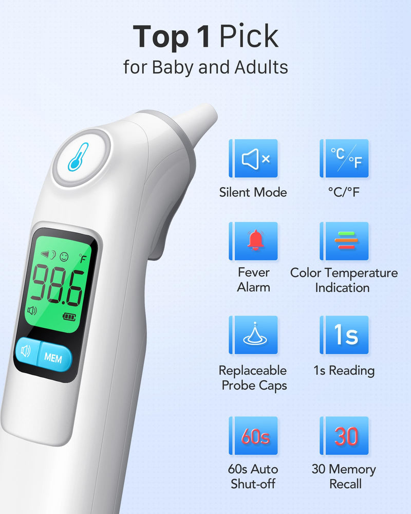 [Australia] - Ear Thermometer, Highly Accurate Ear Thermometer for Kids, Adults and Babies, 30 Memory Recall, 1s Result and 3-Color Fever Alert, with 24 Disposable Probe Covers, White LCD-White 