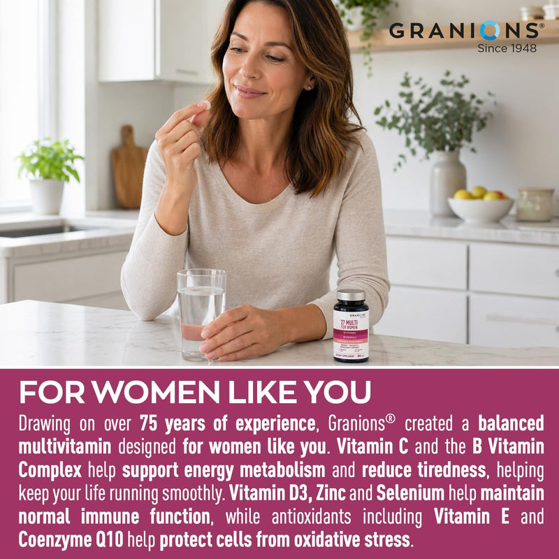 Granions Multi 27 Women's Multivitamin - Vitamins A, B, C, D3, E & B12 with Iron, Zinc, Magnesium & CoQ10 - Daily Energy, Immune & Antioxidant Support Supplement - 90 Tablets