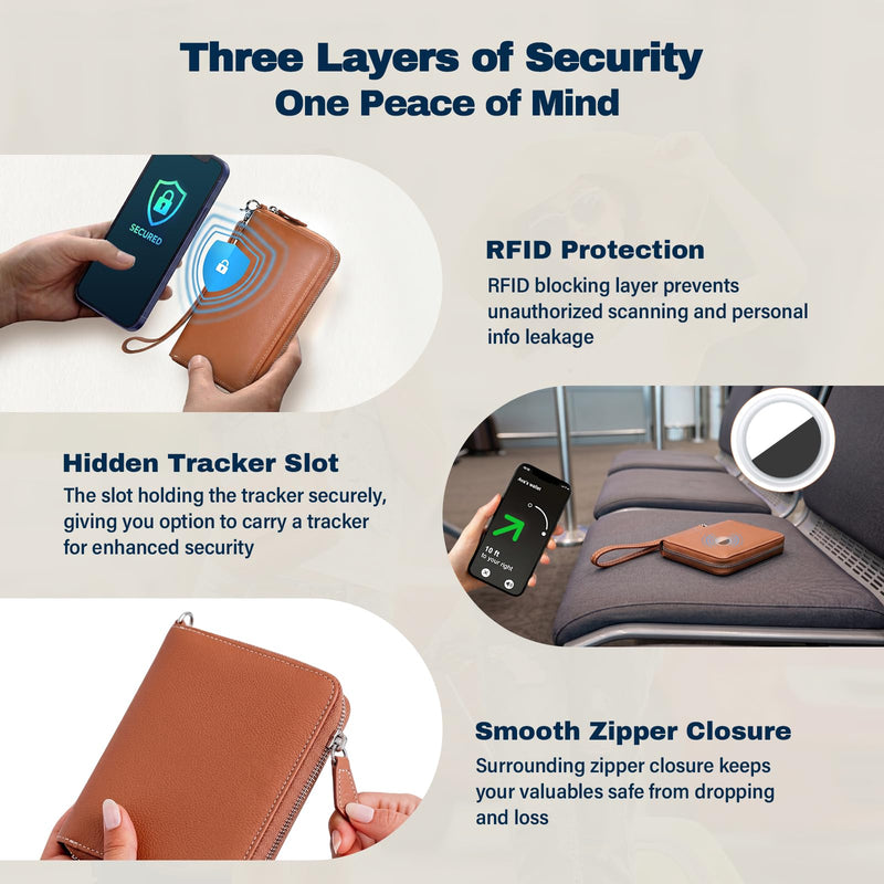 Genuine Leather RFID Passport Zip Wallet with Hidden Tracker Slot, Brown | Dual Passport Travel Wallet-Document Organizer with Wrist Strap