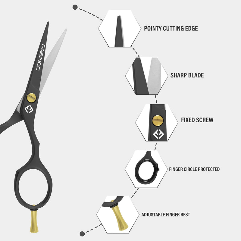 [Australia] - FABINOC® Professional 5" beard scissors for men with beard comb & bag - mustache, eyebrow, ear & nose hair scissors - German quality stainless steel black 