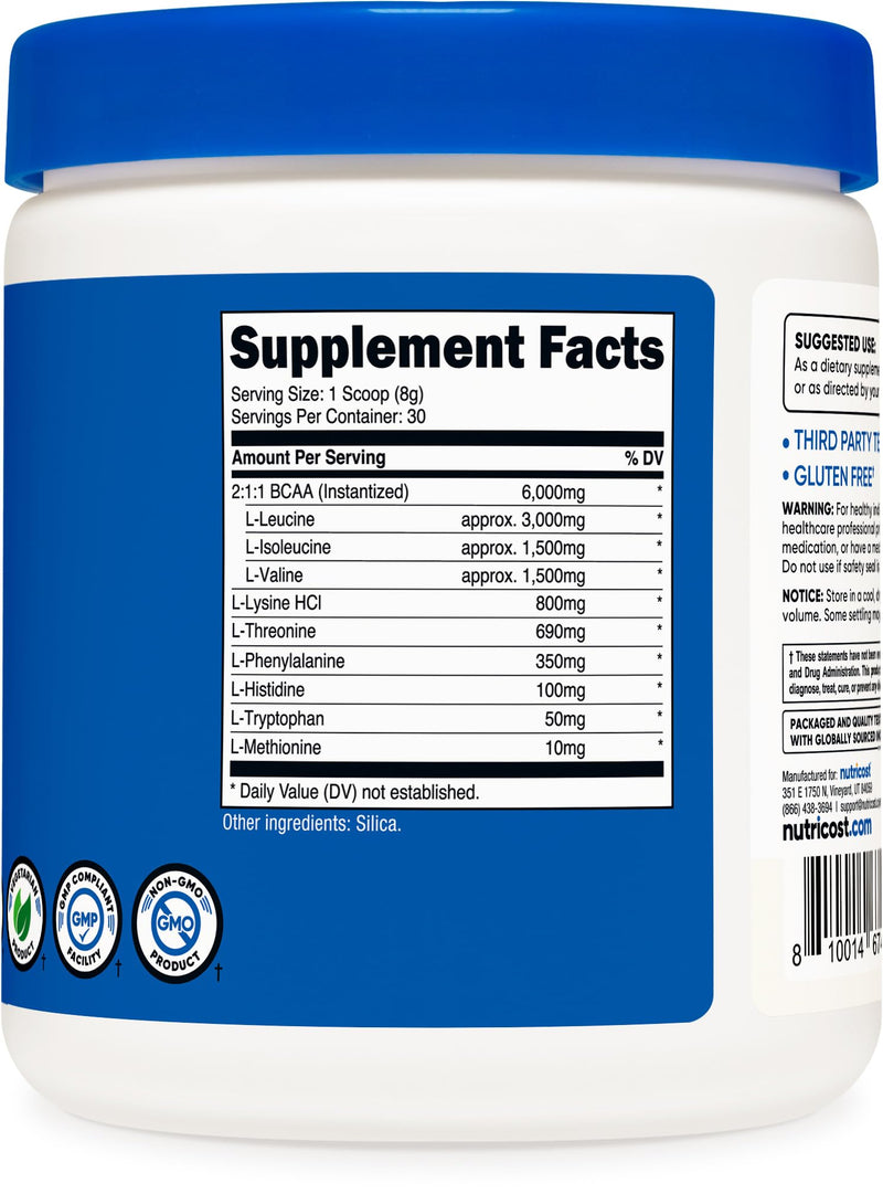 [Australia] - Nutricost EAA Powder 30 Servings (Unflavored) - Essential Amino Acids - Non-GMO, Gluten Free, Vegetarian Friendly 8.8 Ounce (Pack of 1) 
