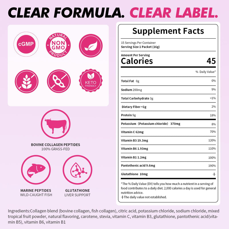 Collagen Electrolyte Powder, 10g Collagen, Tropical Fruit, 15 Ct | Zero sugar drink mix packets for post-workout hydration and recovery, with 5 vitamins, glutathione, joint and skin support