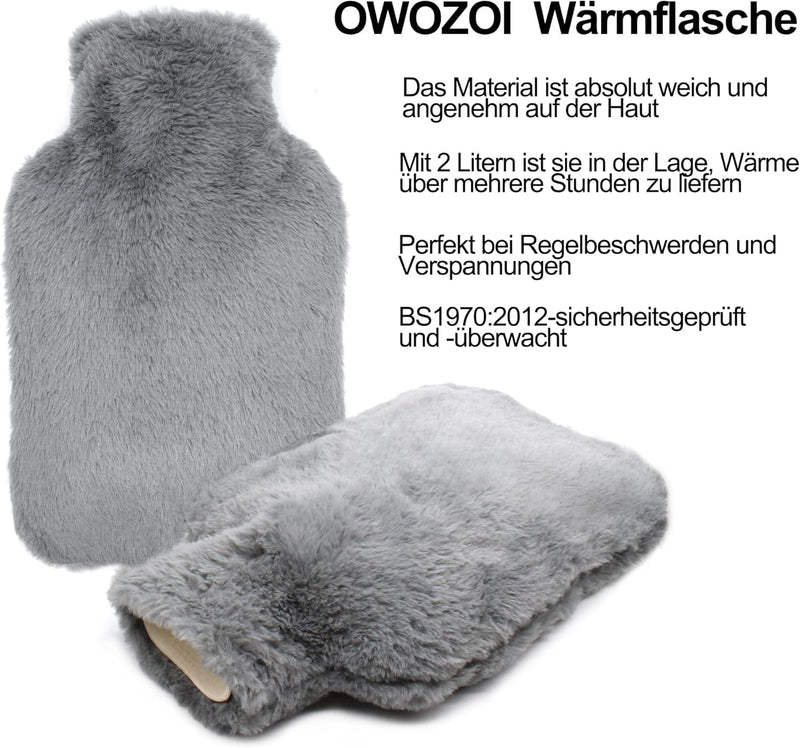 [Australia] - OWOZOI hot water bottle with fluffy cover, hot water bottle with hand warmer, kangaroo pockets, cuddly soft cover, hot water bottles, large, 2 liters, natural rubber for women, men, girls, bed bottle, dark grey 