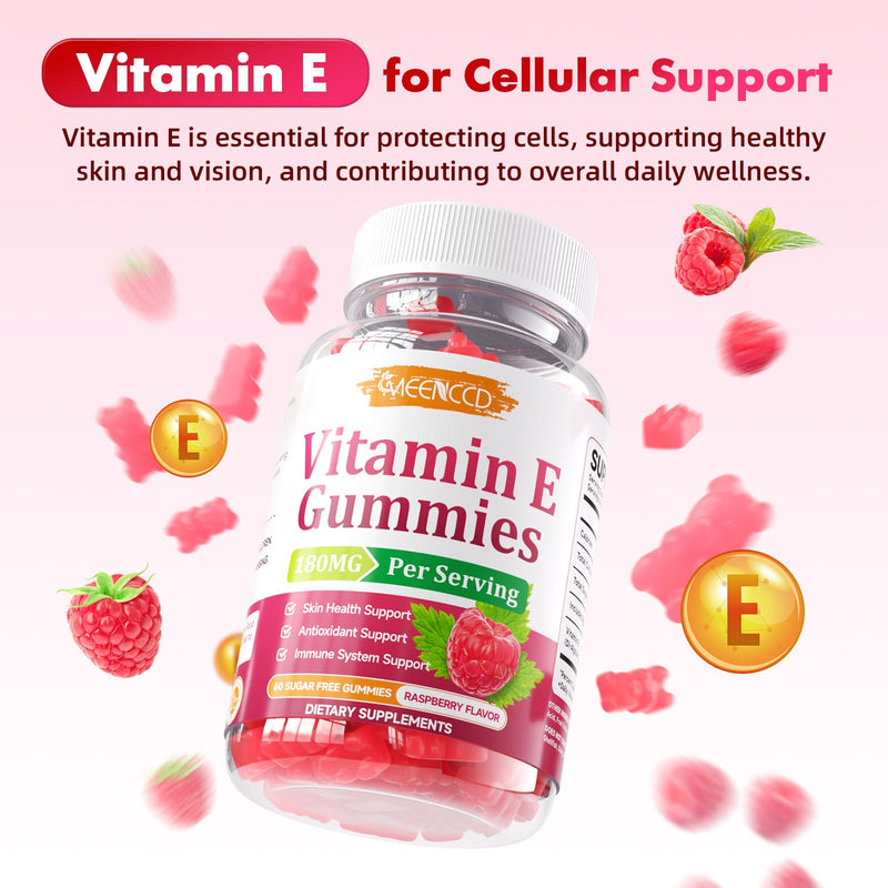 2 Pack Vitamin E Gummies, 180 mg (400 IU) dl-Alpha, Daily Skin Support | Sugar-Free, Vegan, Non-GMO, Raspberry Flavor, 120 Count 60 Count (Pack of 2)