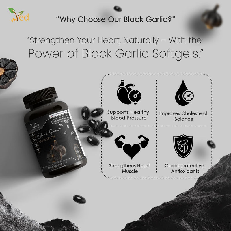 VED GarlicPulse, 90 Softgels, Fermented & Odorless Black Garlic Supplement with White Hawthorn Flower and Leaf, White Mistletoe herb, Non-GMO, Halal, 6 Softgels per Day