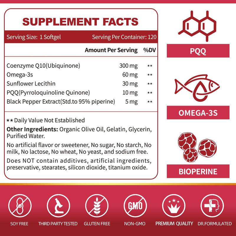 [Australia] - ZEBORA CoQ10-300mg-Softgels with PQQ, BioPerine & Omega-3, 120 Servings Coenzyme Q10 (Ubiquinone) Supplement for High-Absorption, Powerful-Antioxidant, Support Heart-Health & Energy-Production 