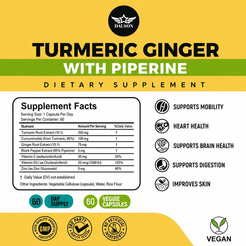 Turmeric Curcumin Supplement - 95% Curcuminoids with Ginger, 95% Piperine, Vitamin C, D3 & Zinc - Natural Vegan Herbal Supplement for Gut, Immunity – 60 Capsules 60 Turmeric Capsules