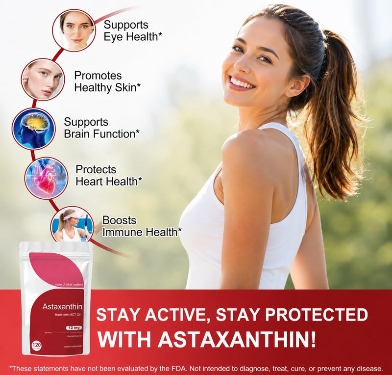 Astaxanthin 12mg Softgels with MCT Oil, 120 Softgels, Natural Astaxanthin from Microalgae, Non-GMO Formula, Daily Food Supplement for Adults, 120 Day Supply