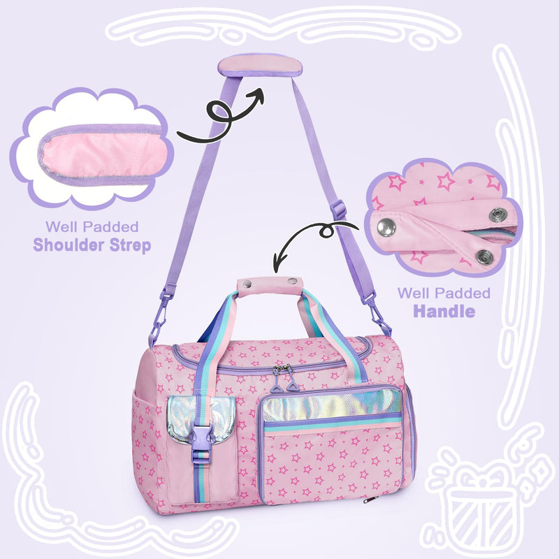 WOOMADA Foldable Kids Duffle Bag for Boys & Girls, Kids Overnight Travel Bag with Shoe Compartment＆Wet Pocket, Ideal for School Practice, Sports, Weekend Travel(Pink Star) Pink Star