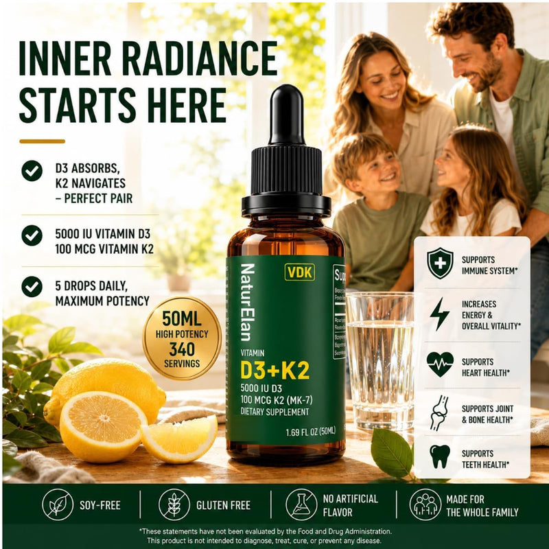 Vitamin D3 5000 IU & K2 Drops with MCT Oil 5000IU D3 + 100 Mcg K2(MK-7) | 1.69 Fl Oz, Supports Bone, Immune, Heart & Teeth Health, Third-Party Tested, Vegan, Non-GMO, Gluten Free