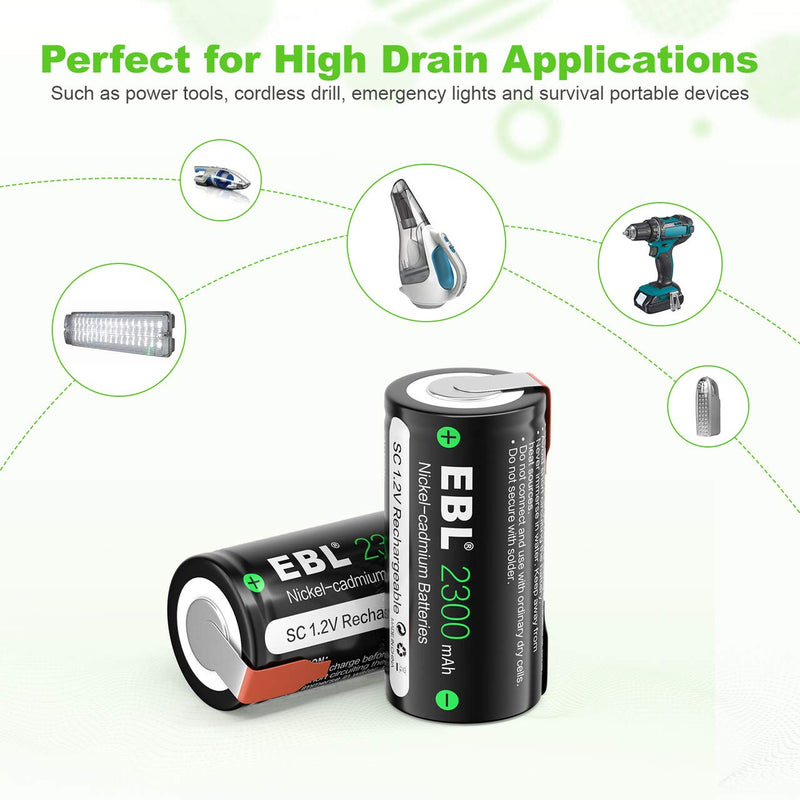 EBL 2300mAh Sub C NiCd Rechargeable Batteries for Power Tools 1.2V Flat Top Sub-C Cell Batteries with Tabs, 4 Packs