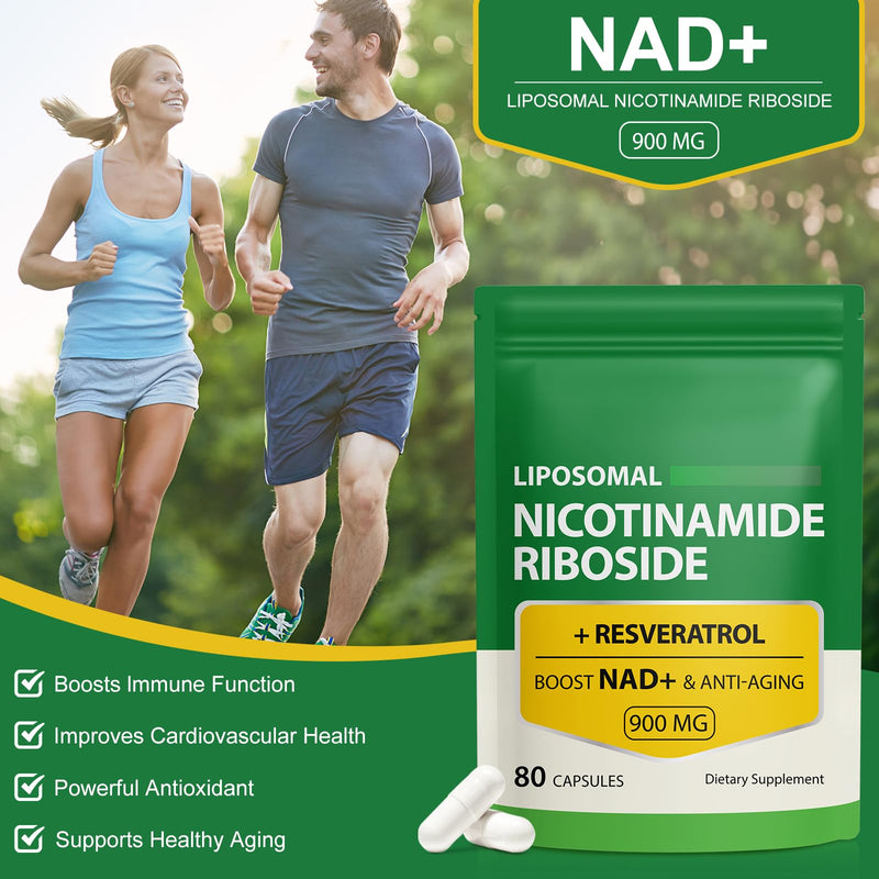 Liposomal NAD+ Supplement with Trans Resveratrol, NAD Nicotinamide Riboside Resveratrol 900mg Supplement for Anti-Aging, Energy, Focus - Gluten-Free, Non-GMO- 80 Capsules
