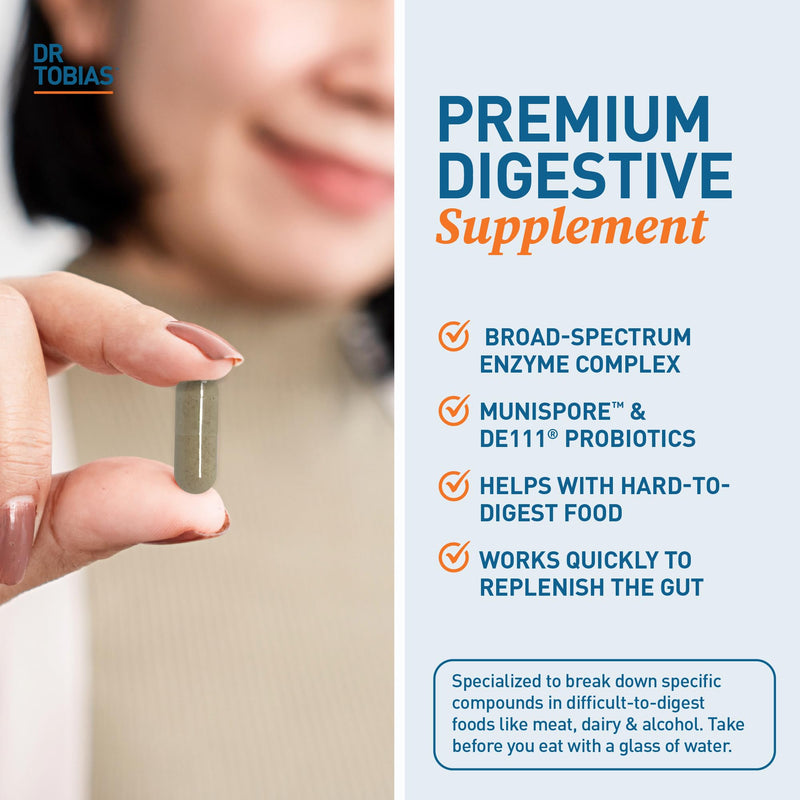 Dr. Tobias Digestive Enzymes + Prebiotics & Probiotics 120 Capsules | Digestion & Gut Support | Enzymes + Prebiotics + Probiotics + Postbiotics | Bromelain, Amylase & Lipase | 60 Servings