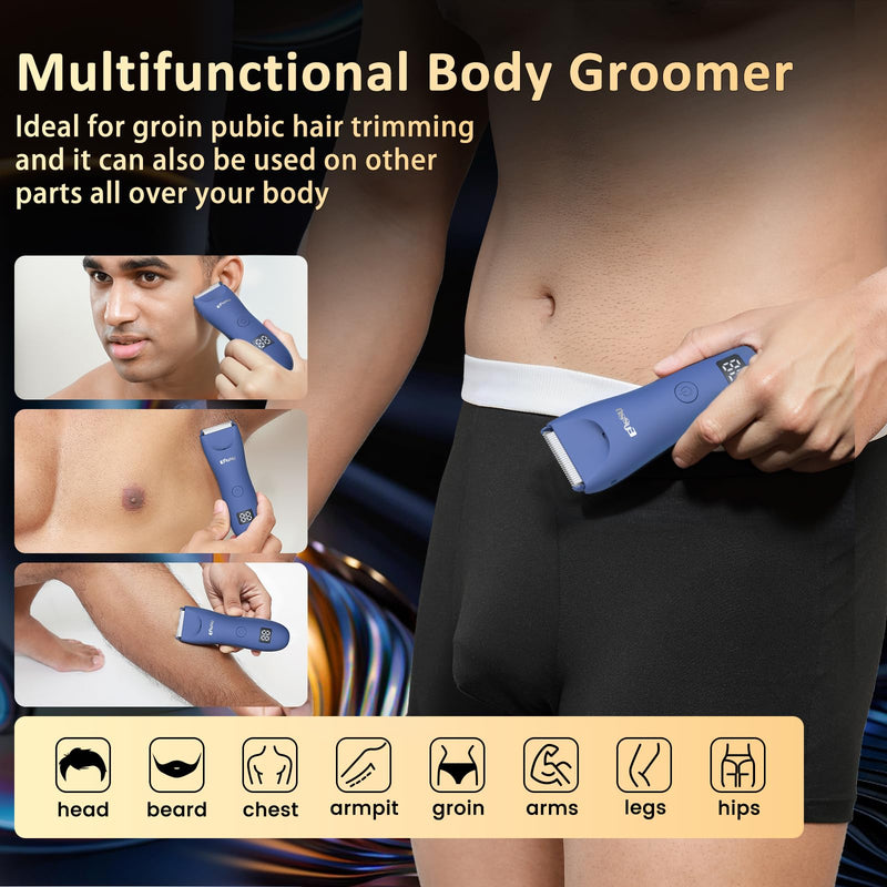 [Australia] - Body Hair Trimmer for Men with Light, IPX7 Waterproof Ball Pubic Groin Hair Trimmer for Man with Ceramic Blade, Rechargeable Body Groomer for Men with Charing Dock,LED Display,Blue Blue 