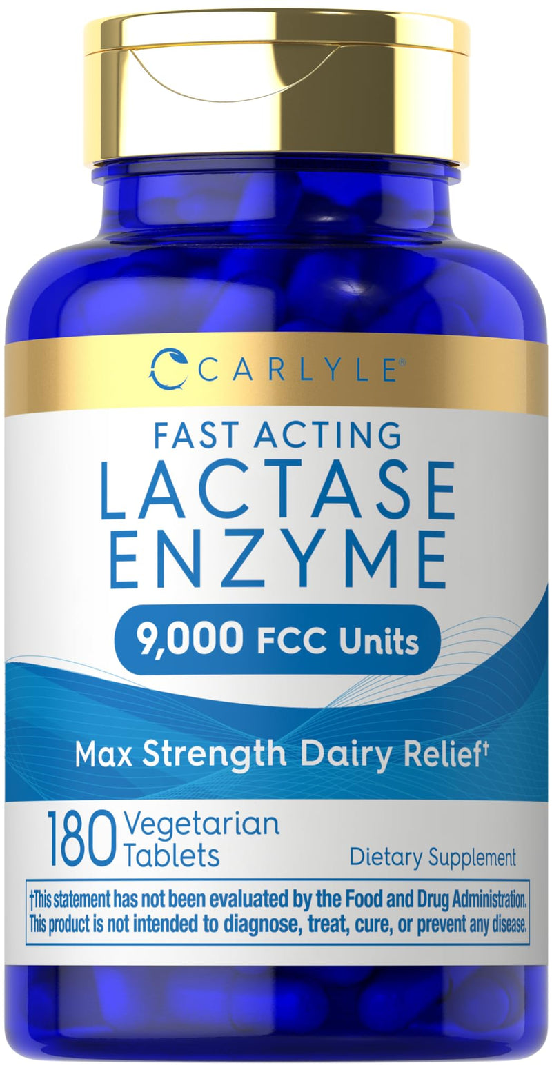 Carlyle Fast Acting Lactase Enzyme Pills | 9000 FCC | 180 Tablets | Dairy Relief Supplement | Max Strength Support | Non-GMO, Gluten Free Supplement