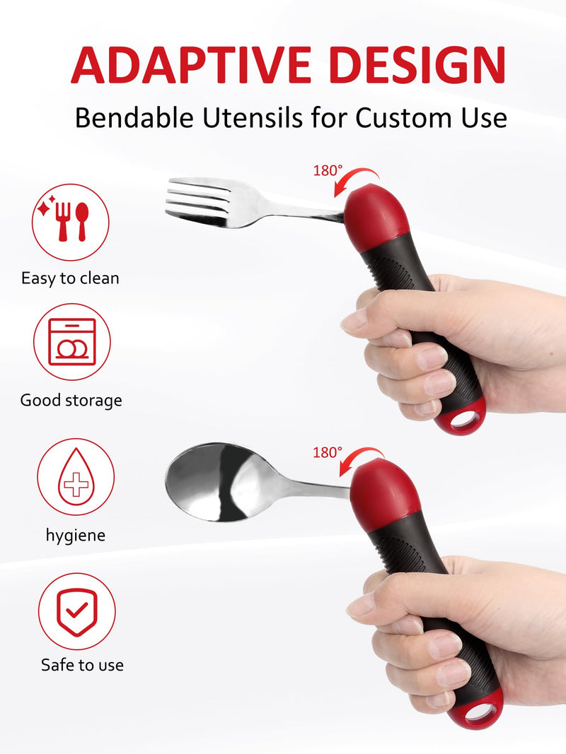 Disability Aids, Cutlery for Arthritic Hands -180°Bendable Spoon Fork Grips Set, Aids for Living, Arthritis for Hand Tremors, Travel Eating Utensils for Disabled, Elderly, Adults
