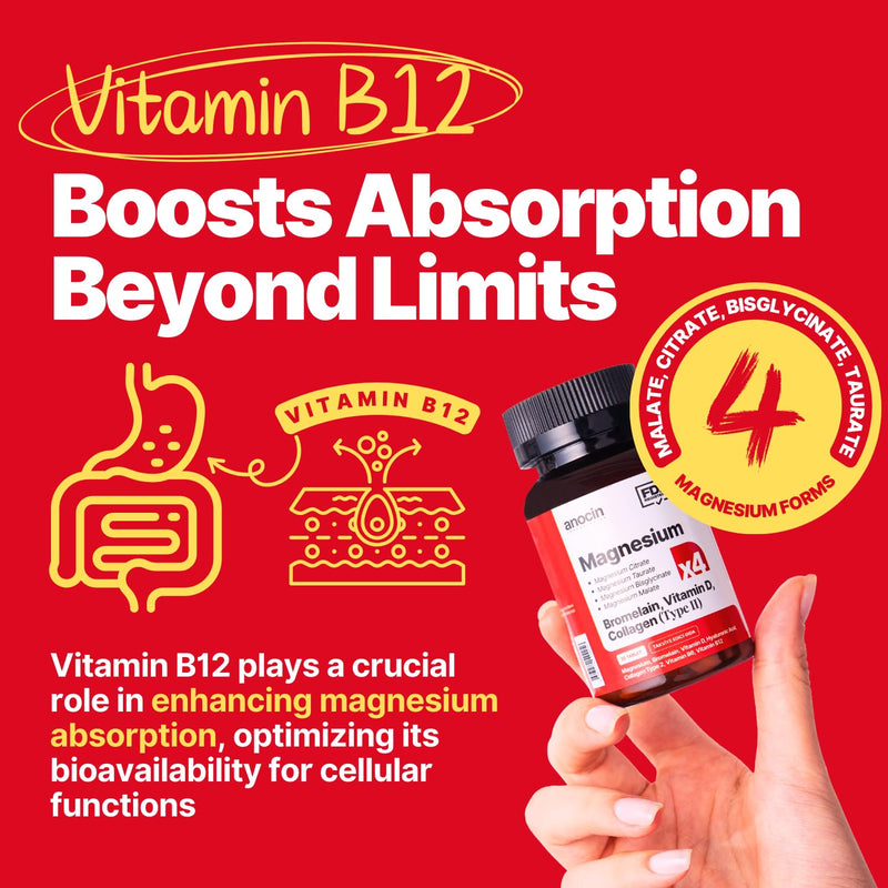 anocin 4X Magnesium Complex 200 mg + Magnesium Glycinate + Citrate + B12 High Absorption + Taurate + Malate + Bromelain+Collagen (Type II)+Hyaluronic Acid+Heart, Muscle+Joint Support, 60-Day