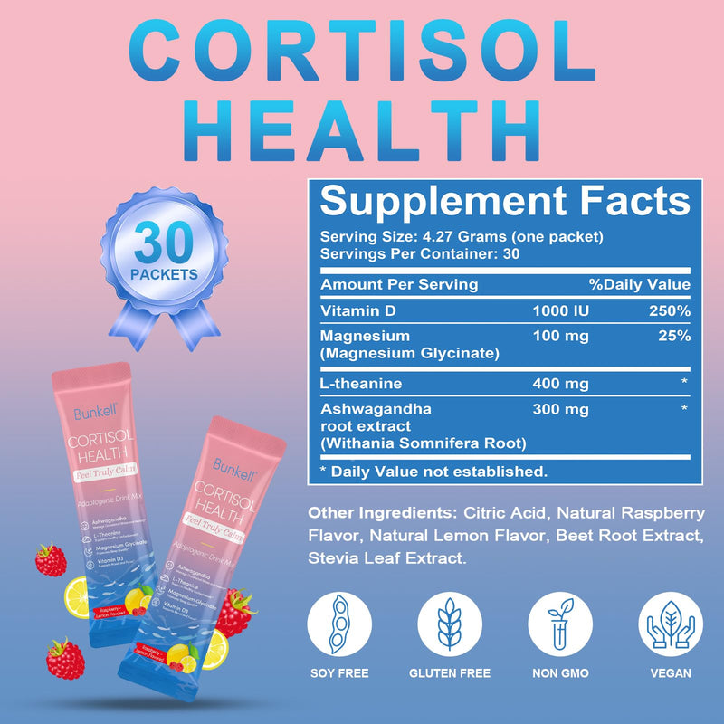 [Australia] - Cortisol Powdered Drink Mix, Made with Magnesium Glycinate, L-Theanine, Ashwagandha & Vitamin D3, Cortisol Supplements for Relaxation, Focus & Calm Support, Raspberry Lemonade Flavor, 30 Ct 