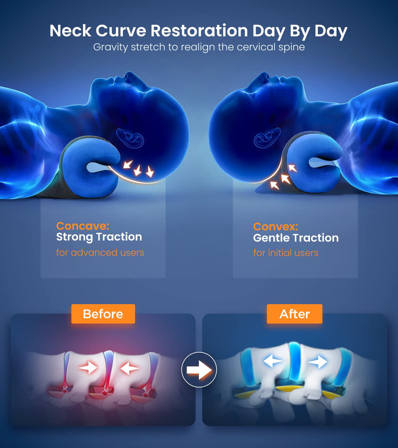 [Australia] - 8X Pain Relief Magnetic Therapy Heated Neck Stretcher, 3X Larger Graphene Heating Pad Cervical Traction Device Pillow, Neck Hump Corrector w/Timer Setting, Relax Gifts for TMJ Tension Muscle Migraine Blue 