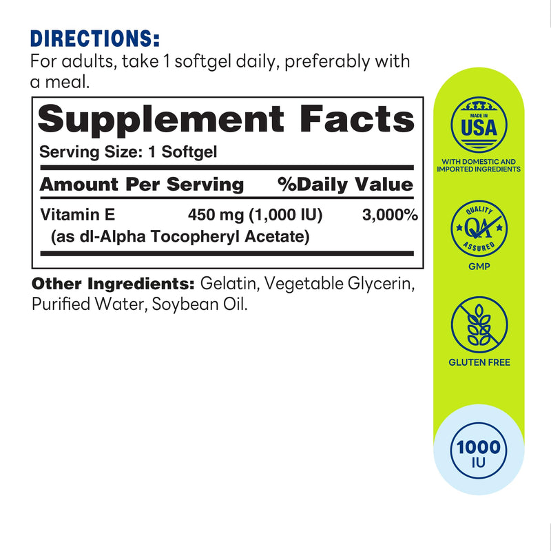 Vitamin World Vitamin E 1000 IU Softgels, 100 Servings | 450mg dl-Alpha, 1 Softgel Daily, Supports Antioxidant Protection and Heart, Immune & Skin Health, Gluten-Free
