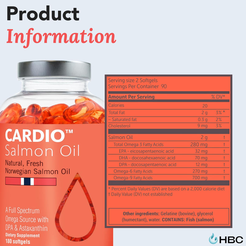 Cardio Omega 3 Fish Oil - 1000mg, Norwegian Salmon Oil with EPA, DHA, DPA & Astaxanthin, No Fishy Aftertaste, Fatty Acids Supplement, 3 Month Supply - 180 Capsules 180 count (Pack of 1)