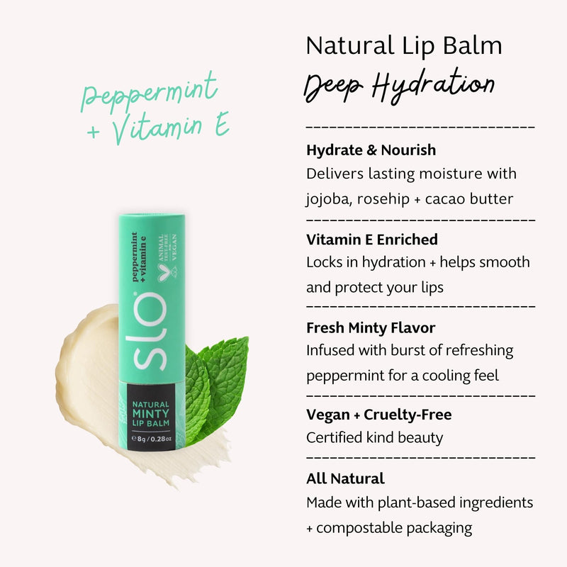 Slo Hydrating Lip Balm - All Natural Ingredients, Minty Lip Balm with Organic Jojoba, Rosehip, Cocoa Butter - Vegan, Cruelty-Free, Paper Packaging - Peppermint + Vitamin E (0.28oz/8g) 1 Pack (0.28oz/8g)
