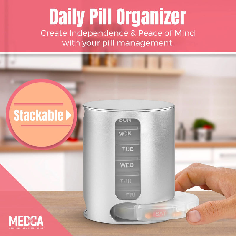 Stackable Daily Pill Organizer - Premium Weekly Medication Reminder with 7 Individual Stacking Cases - Weekly AM/PM Pill Box with 4 Times a Day, a Everyday Medicine Organizer for Vitamins, Silver 7 Count (Pack of 1)