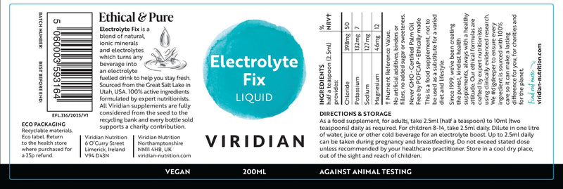 Viridian - Electrolyte Fix Liquid – 200ml | Concentrated Electrolyte Blend with Magnesium, Potassium & Sodium | Supports Electrolyte Balance & Muscle Function | 100% Active Ingredients 200 ml (Pack of 1)