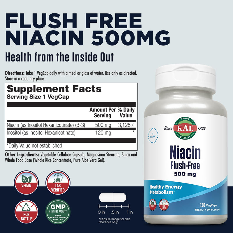 KAL Niacin Flush-Free Capsules 500 Mg, 120 Count 120 Count (Pack of 1)