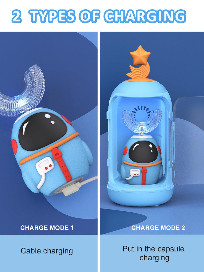 [Australia] - FTOYIN Kids Electric Toothbrush with 3 Brush Heads, U Shaped Ultrasonic Toothbrush Kids with 5 Modes, 45s Smart Reminder, 360-Degree Automatic Cleaning, IPX7 Waterproof Design for Ages 2-12 Blue 1 Count (Pack of 1) 
