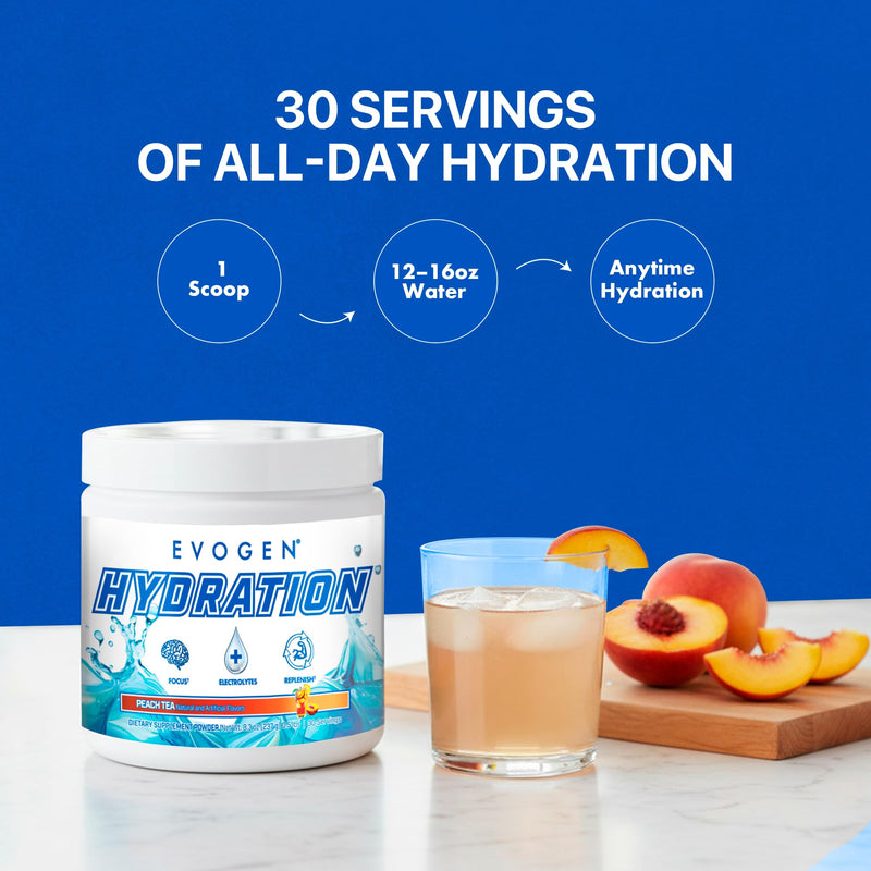 Evogen Hydration Sugar-Free Electrolytes | Peach Tea | 30 Servings | Potassium, magnesium, sodium, calcium and coconut water with citicoline, taurine and B vitamins for energy and focus Tub