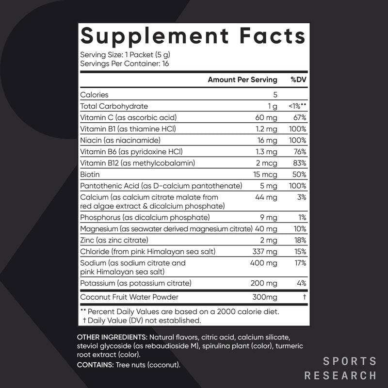 Sports Research Hydrate Electrolytes Dynamic Duo - Sugar-Free & Naturally Flavored with Vitamins, Minerals, and Coconut Water - 32 Hydration Packets of Lemon Lime & Raspberry Lemonade