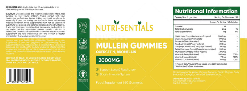 Mullein Gummies 2000mg – Respiratory Lung Health Supplement with Adaptogen Mushrooms, Mullein Leaf Extract – Natural Lung Cleanse for Adults, Vegan & Non-GMO | Immune Boost 60 Gummies