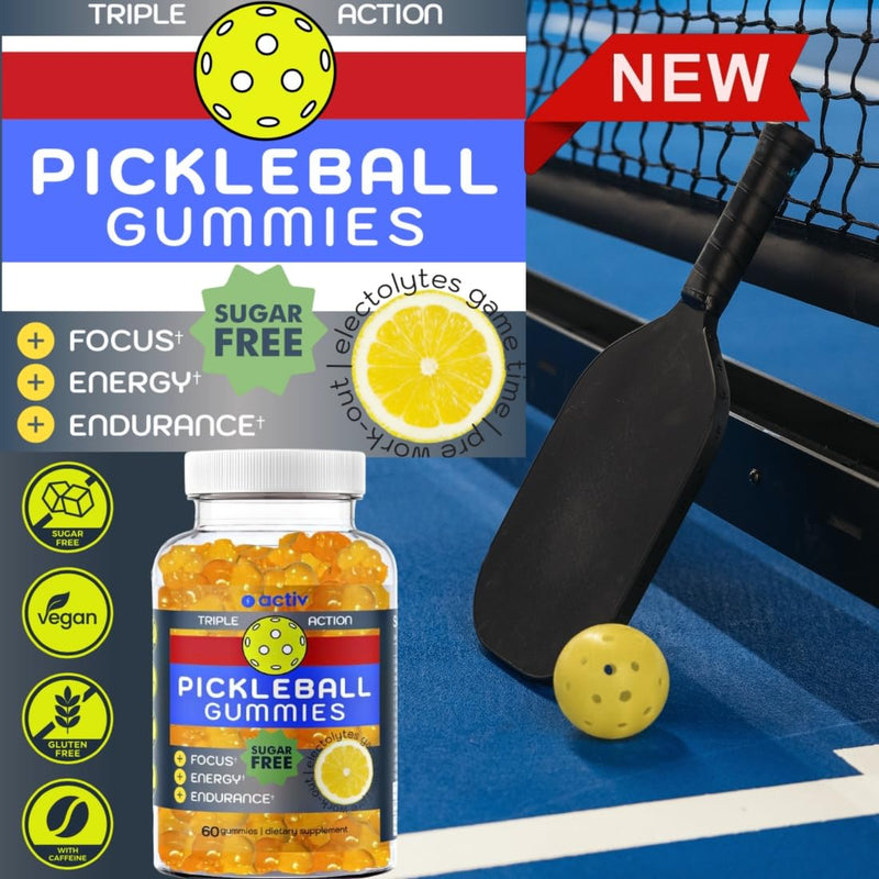 Pickleball Gummies | Triple Action Endurance Focus Energy | With 5 Electrolytes and Vitamin B | Vegan and Keto Non-GMO | Game-Time readiness and endurance | Lemon Sugar Free gummies | 60 ct