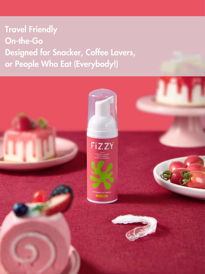 Fizzy 3-in-1 Foam Cleaner for Aligner, Retainer, Denture, Night Guard, MouthGuard, Invisalign | Free of Alcohol, SLS, Fluoride | Xylitol Mouthwash & Foam Toothpaste| Travel-Size Watermelon Jasmine