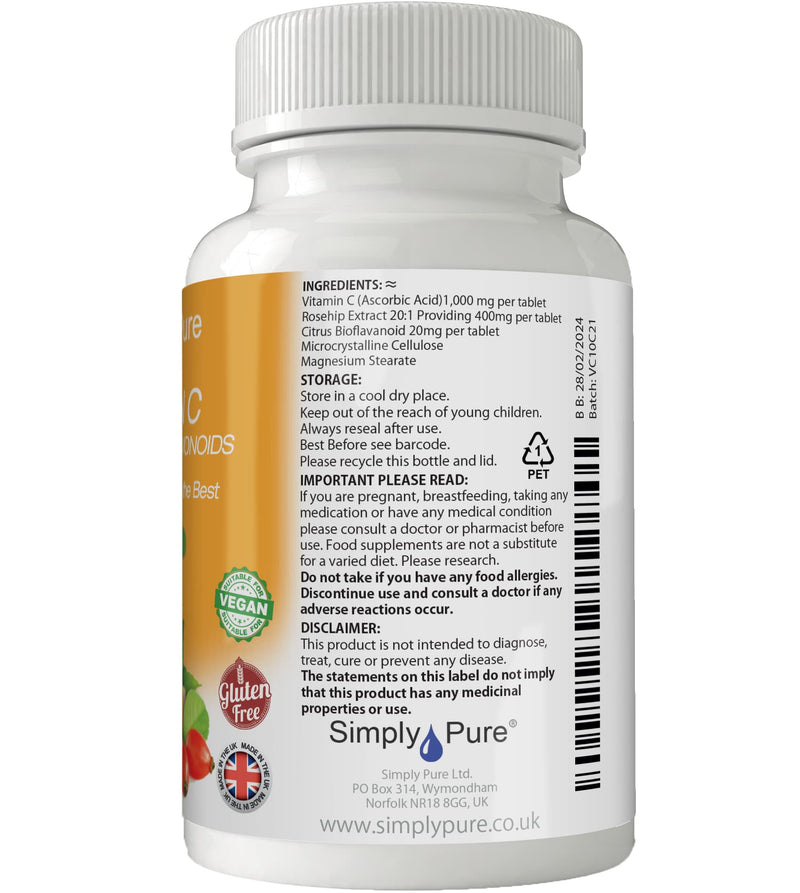100% Natural Vitamin C from Rosehips & Citrus Bioflavonoids for Immunity and Collagen Boost | 1400mg Tablets x 90 | High Strength | Gluten Free | GM Free | Vegan