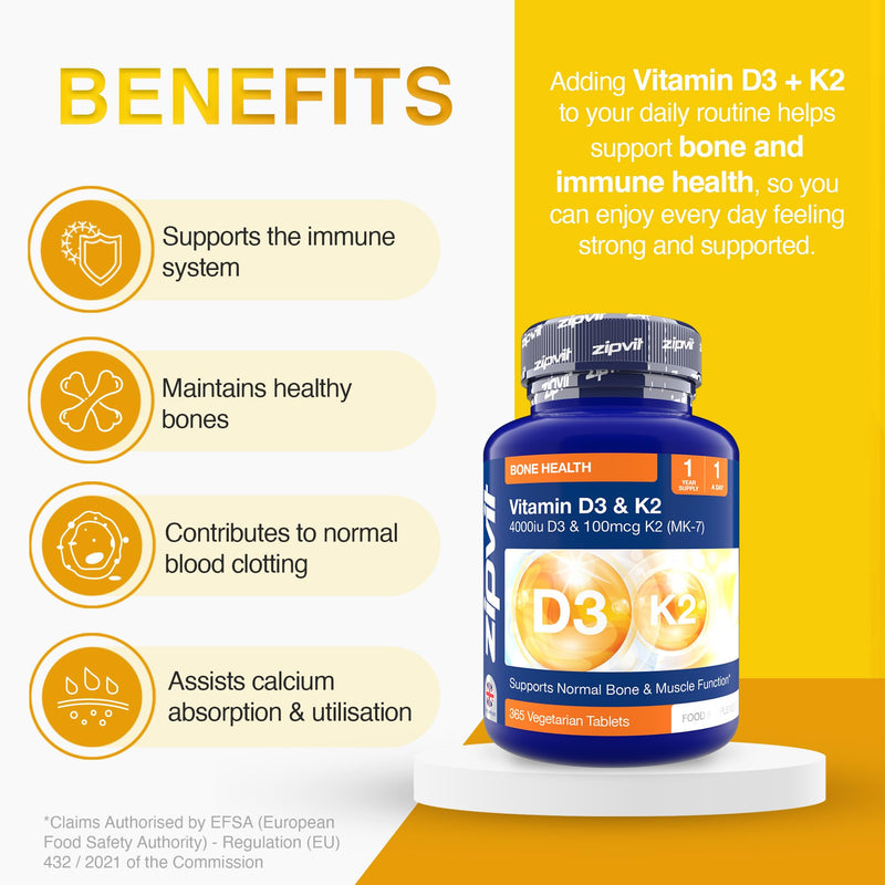 Zipvit Vitamin D3 4000 iu & Vitamin K2 MK7 100μg, 1 Year Supply, 365 Vegetarian Vitamin D3 K2 Tablets, High Strength Vitamin D Supplement, Supports Immune, Bone & Muscle Health D3 & K2