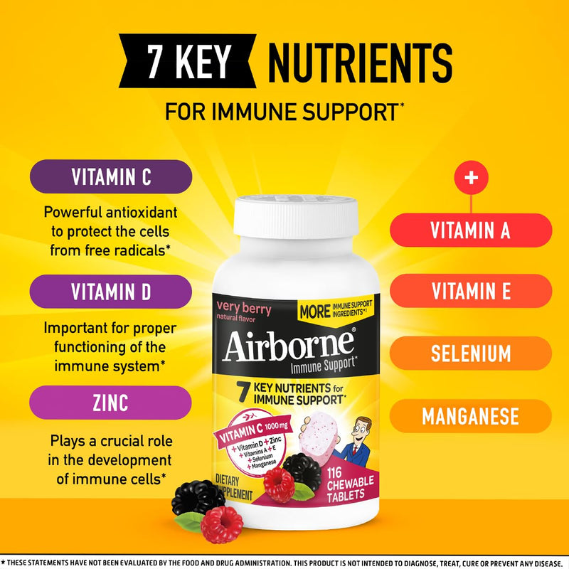 [Australia] - Airborne 1000mg Vitamin C + Zinc Immune Support Supplement Chewable Tablets, Very Berry Flavor with Powerful Antioxidants Vitamins A C & E, 116 Chewable Tablets (2 Pack) 116 Count (Pack of 2) 