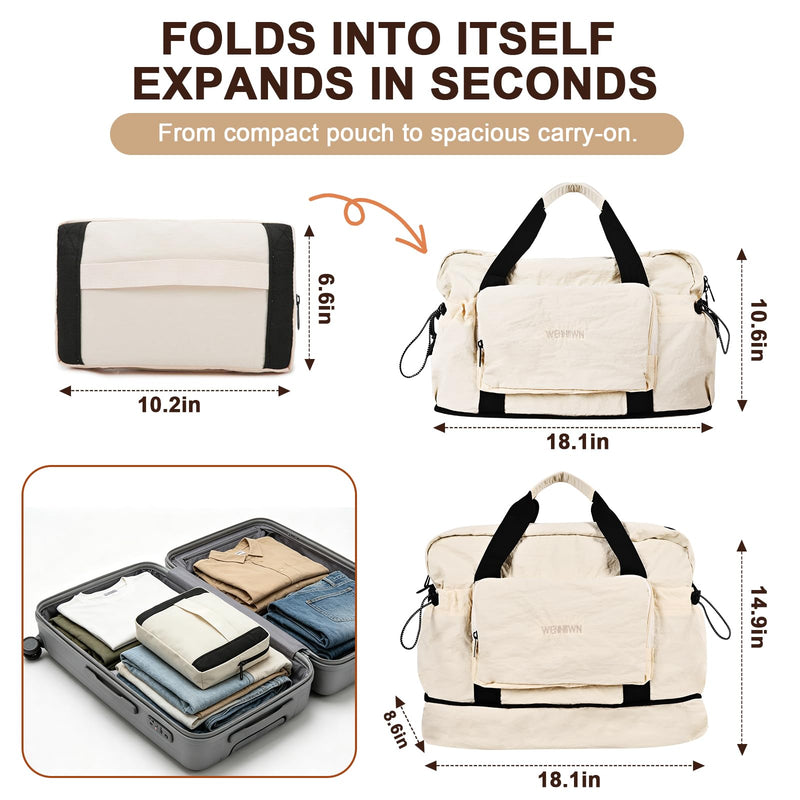 Foldable Travel Bag for Women, Expandable 28L-40L Lightweight Personal Item Carry On Bag, Packable Duffel Bag, Weekender Overnight Travel Tote, Collapsible Luggage Bag, Cream White