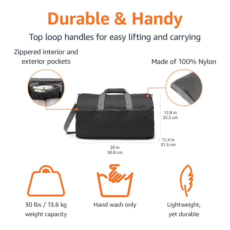 Amazon Essentials Duffel Bag for Travel and Sports, 20-inch Foldable Packable Nylon Bag with Multiple Zippered Pockets, 35 lb Weight Capacity, Collapsible for Easy Storage, Blac0 Black 20 inches