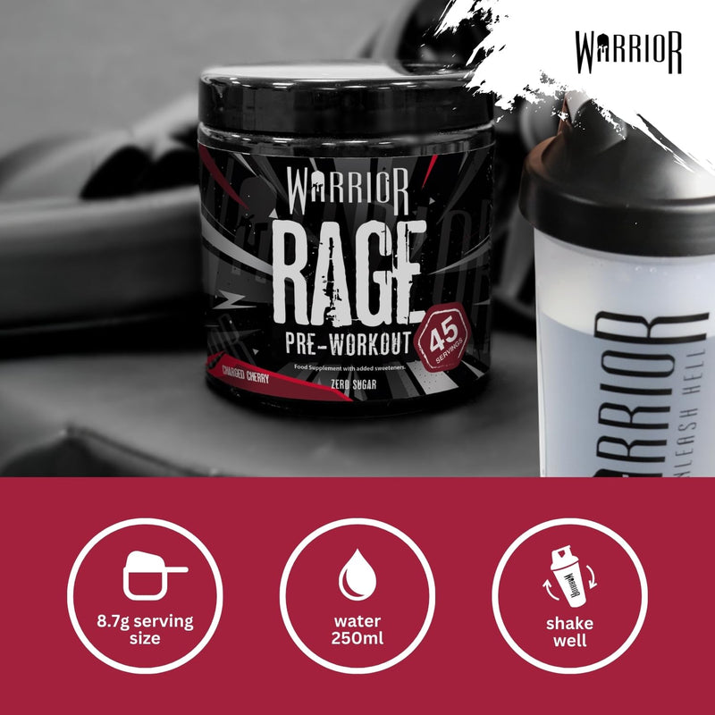 Warrior Rage Pre Workout Powder 392g (45 Servings) – 300mg Caffeine High Stim Energy Drink Supplement + Beta-Alanine, Creatine, BCAA, Taurine, Citrulline & Arginine AAKG for Muscle – Charged Cherry