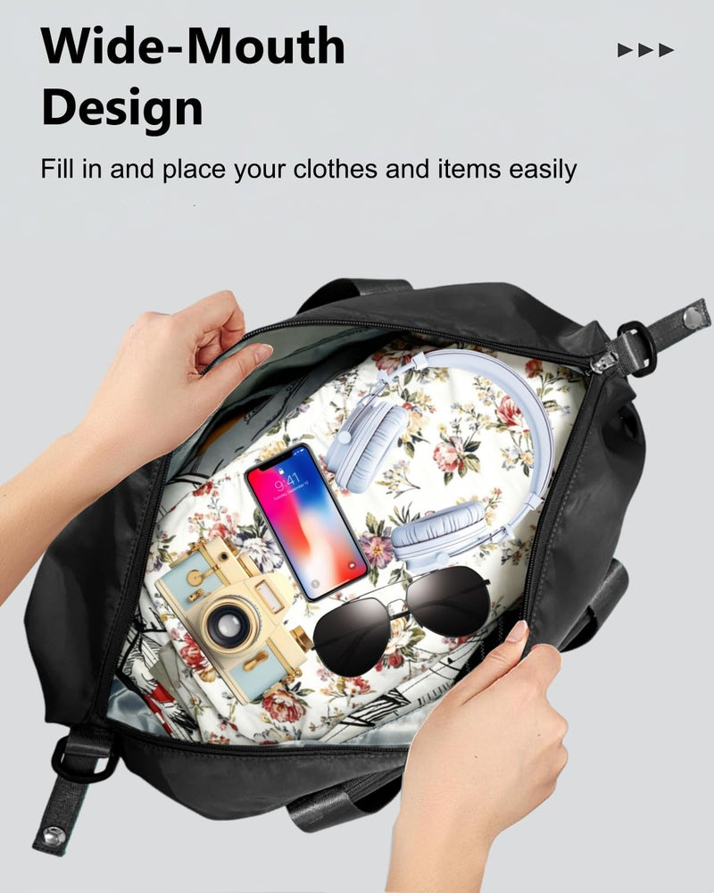 Foldable Travel Duffel Bag for Women, Black | 40L Expandable Carry on Bag Personal Item Flight Approved Lightweight Water Resistant Overnight Weekender Bag, Nylon