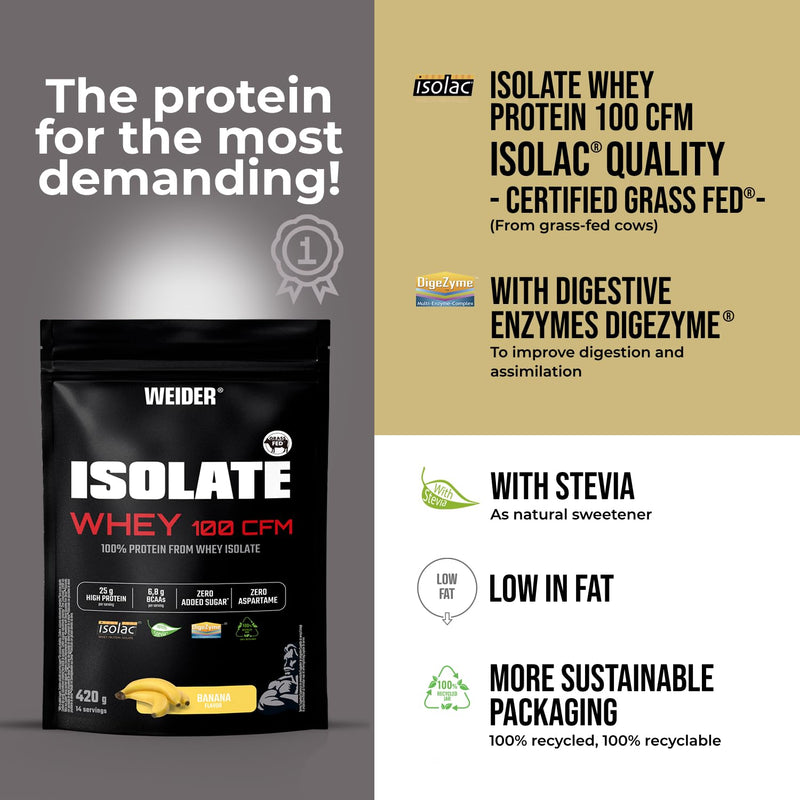 Weider Isolate Whey 100CFM (420g) Banana Flavour, Protein 100% Isolate Whey from Isolac®, 25g Protein/Portion, with Digestive Enzymes Digezyme®, No Added Sugar, No Aspartame, Low Fat, 14 Servings 420g