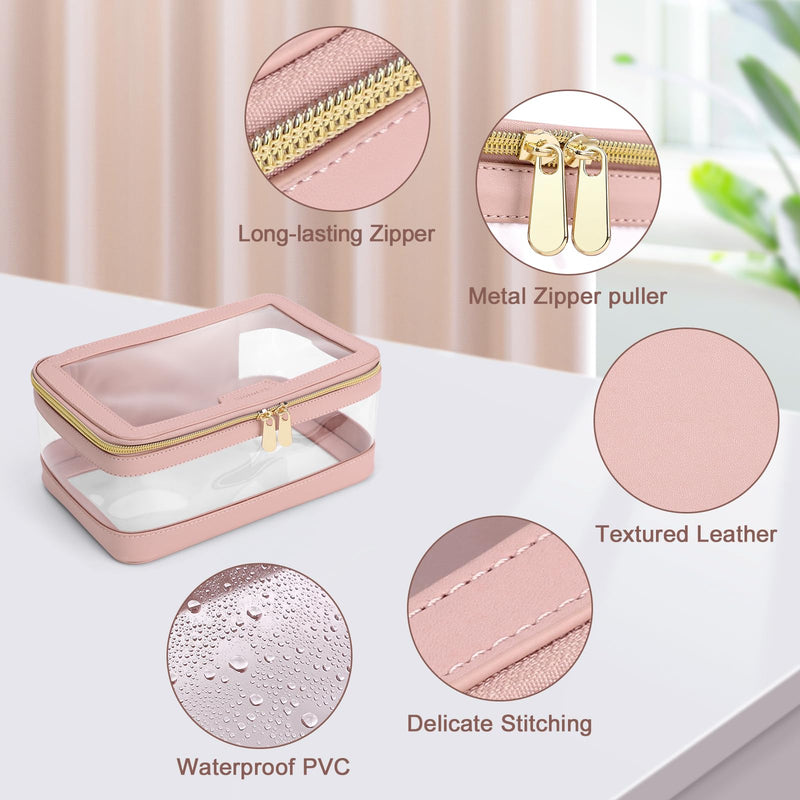 Soimeat Travel Clear Makeup Bag with Makeup Brush Bag, Leather Makeup Case Toiletry Bag, Portable Cosmetic Bag Case, Transparent Waterproof Cosmetic Organizer Storage Bag for Women