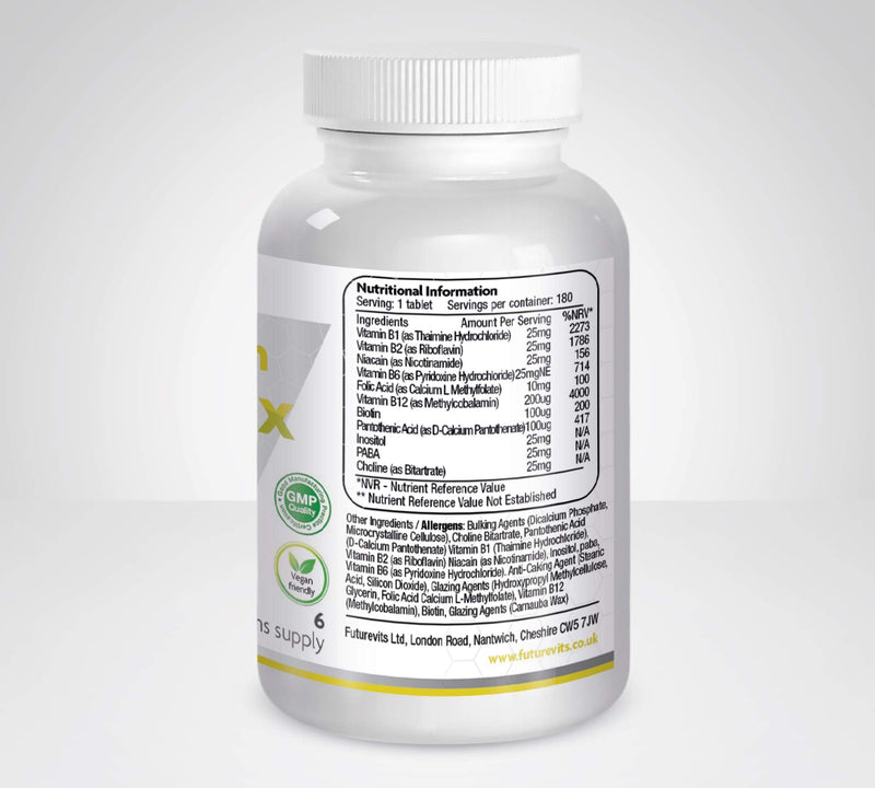 Vitamin B Complex 180 Tablets 6 Month Supply Contains 8 B Vitamins in 1 Tablet, Vitamins B1, B2, B3, B5, B6, B12, Biotin & Folic Acid High Strength Vegan & Gluten Friendly Made UK Futurevits