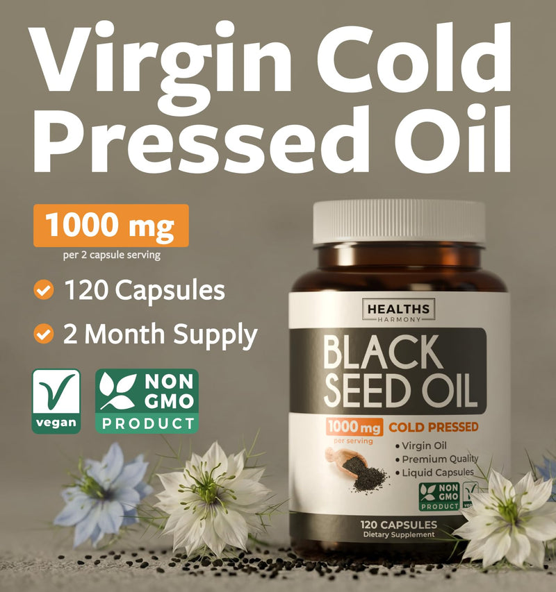 Black Seed Oil - 120 Softgel Capsules Skin Health (Non-GMO & Vegan) Cold-Pressed Nigella Sativa Producing Pure Black Cumin Seed Oil with Vitamin E - 500mg Each, 1000mg Per 2 Capsule Serving 120 Count (Pack of 1)
