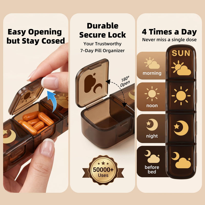 Weekly Pill Organizer 4 Times a Day, 32-Compartment Medicine Box with Moisture-Proof Sealed Lids, Privacy Protection Portable Vitamin Container for Travel Business Trip Elderly(Brown) Brown