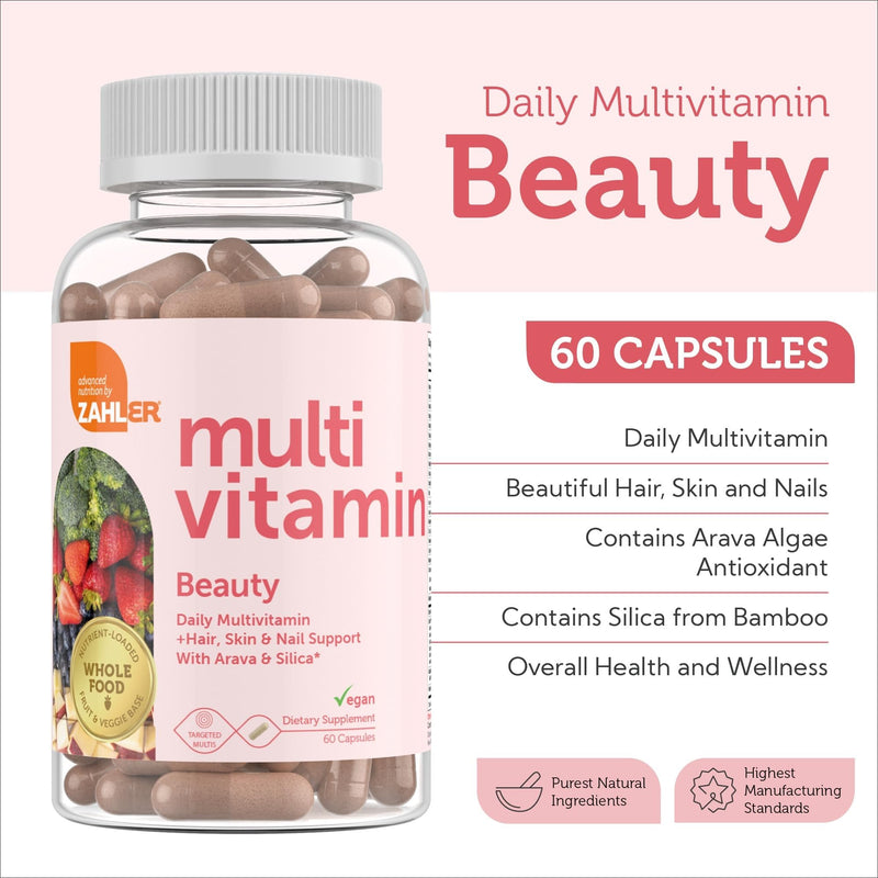 Zahler Multivitamin Beauty + Skin Hair and Nails Support, Multivitamin for Women and Men with Iron, Certified Kosher, 60 Capsules Unflavored