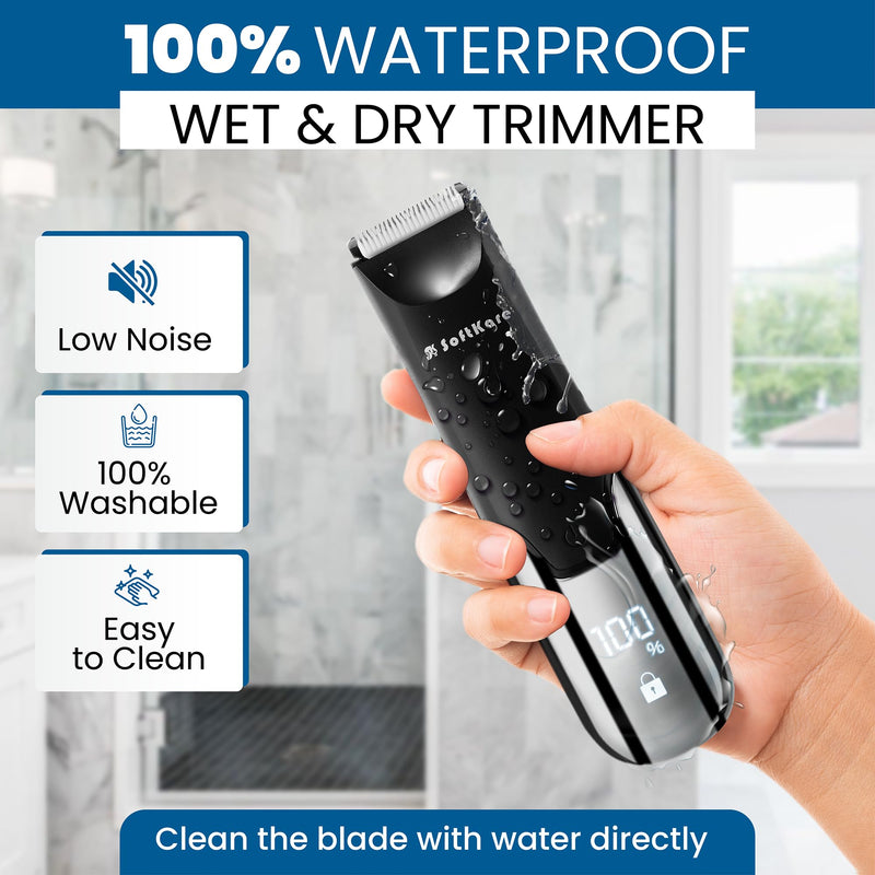 [Australia] - SoftKare Groin Hair Trimmer for Men - Safe Ball Shaver, Replaceable Ceramic Blade Heads & Charging Base, Electric Body Groomer with Light Power Display, Waterproof Wet / Dry Use Male Razor Black 